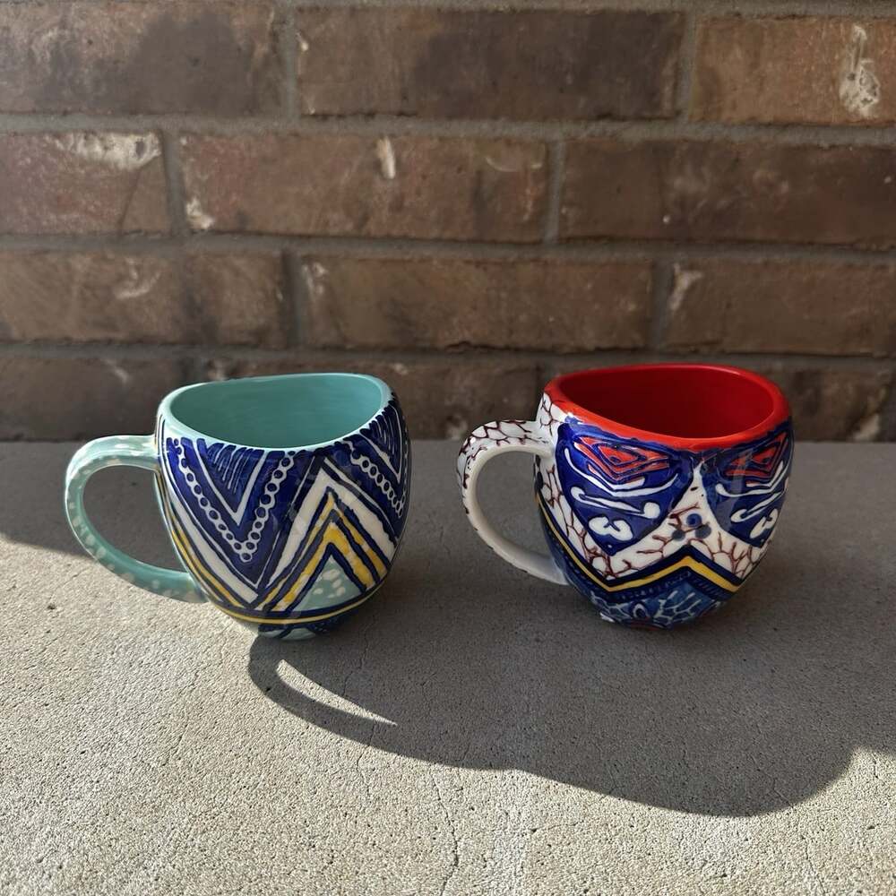 Anthropologie Habari Aztec Printed Ceramic Glossy Coffee Mug Set/2 Blue Orange - Picture 2 of 9